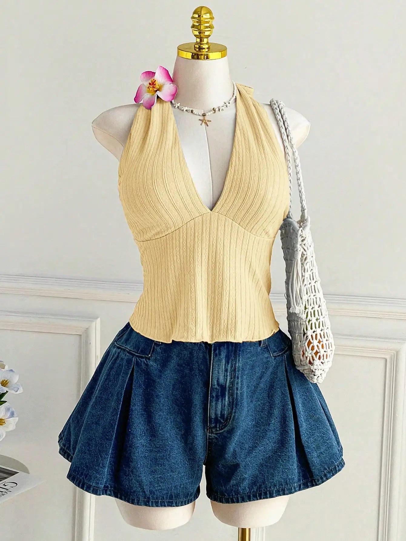 Plus Size Ribbed Halter Cami Top With V Neck And Back Tie Bow