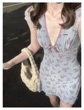 Sunlit Floral Butterfly Knot Mini Dress With V Neck Sleeveless A Line