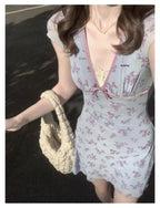 Sunlit Floral Butterfly Knot Mini Dress With V Neck Sleeveless A Line