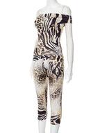 Leopard Print Two Piece Set For Women Slash Neck Backless Top And Hip Crop Pants