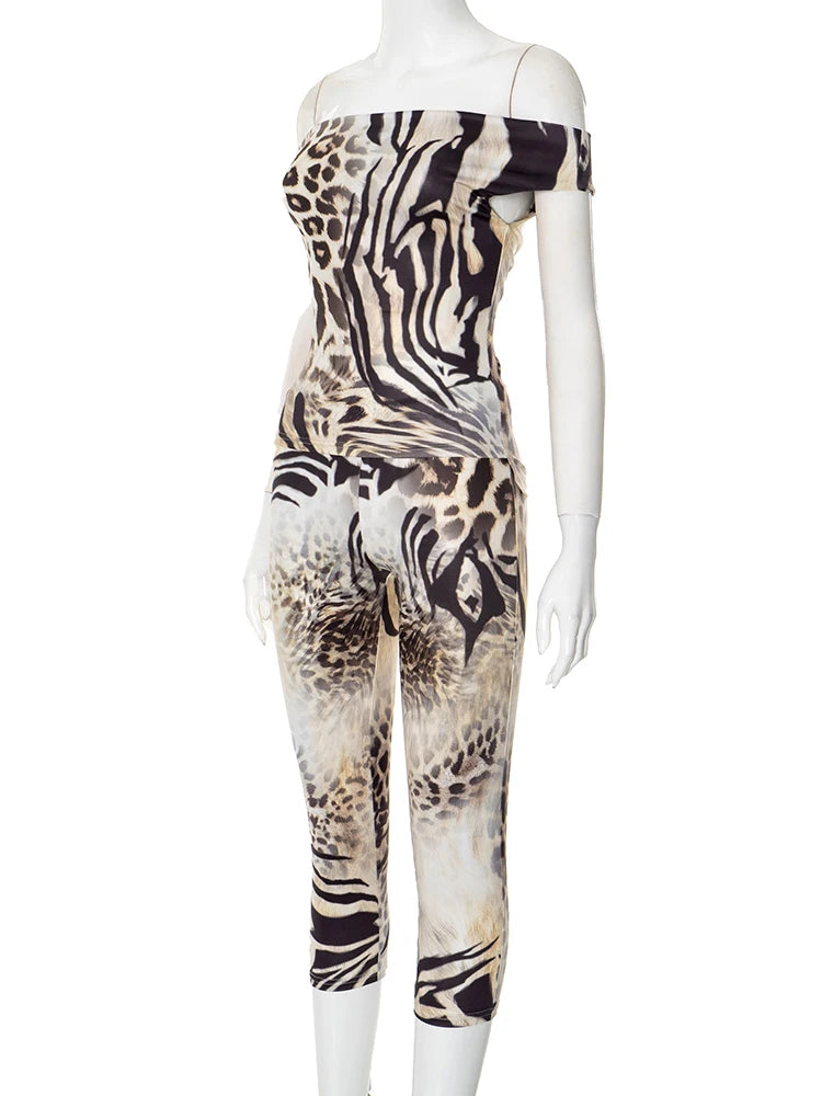 Leopard Print Two Piece Set For Women Slash Neck Backless Top And Hip Crop Pants