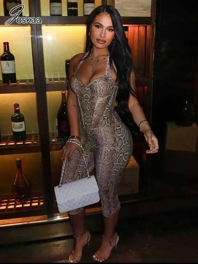 Snake Print Backless Halter Tank Top And Capri Set For Bold Retro Nightlife Style Vibe