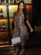 Snake Print Backless Halter Tank Top And Capri Set For Bold Retro Nightlife Style Vibe