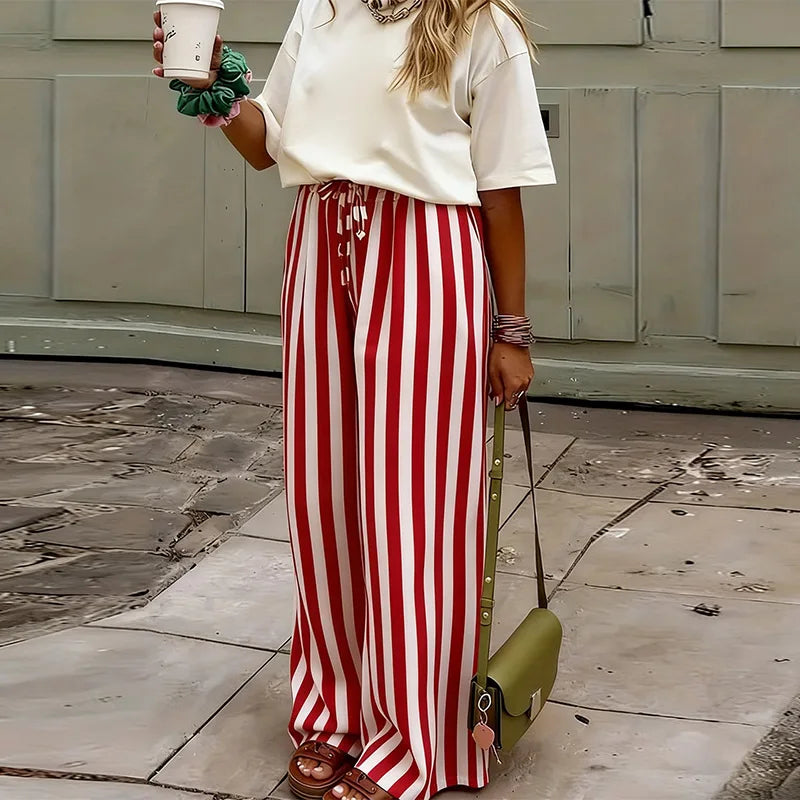 Relaxed Striped Pants For Women With Elastic Waist And Lace Up Detail Wide Leg Straight Trousers