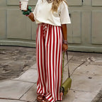 Relaxed Striped Pants For Women With Elastic Waist And Lace Up Detail Wide Leg Straight Trousers