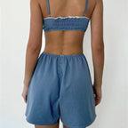 Crop Top Set With High Waist Shorts Spaghetti Strap Two- Piece