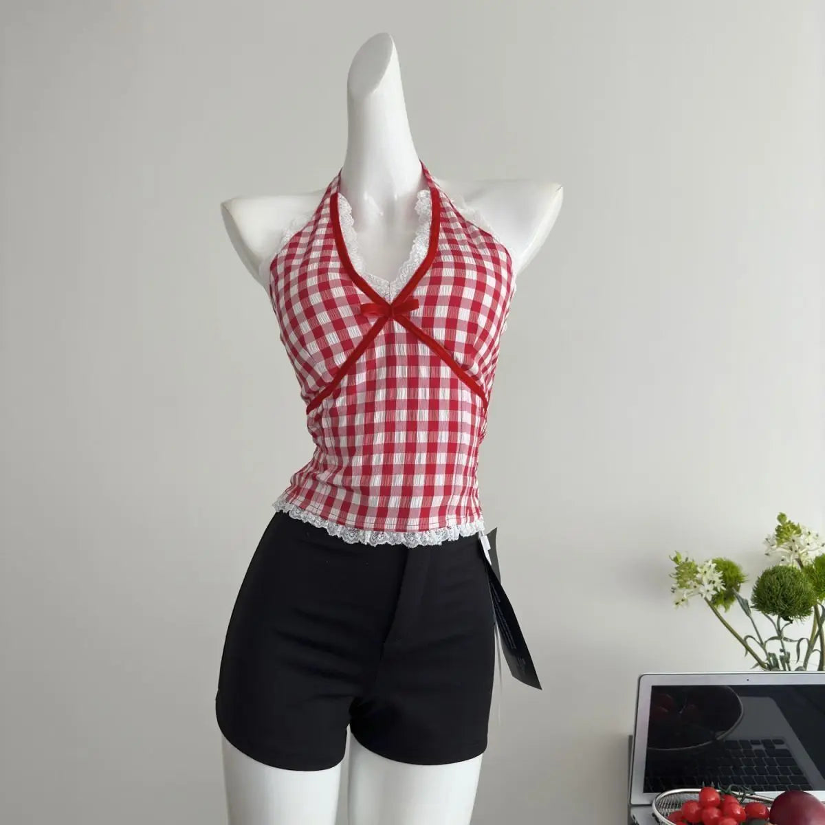 Halter Neck Bow Plaid Crop Top With Shirred Back For Women Cute Fashion Blouse
