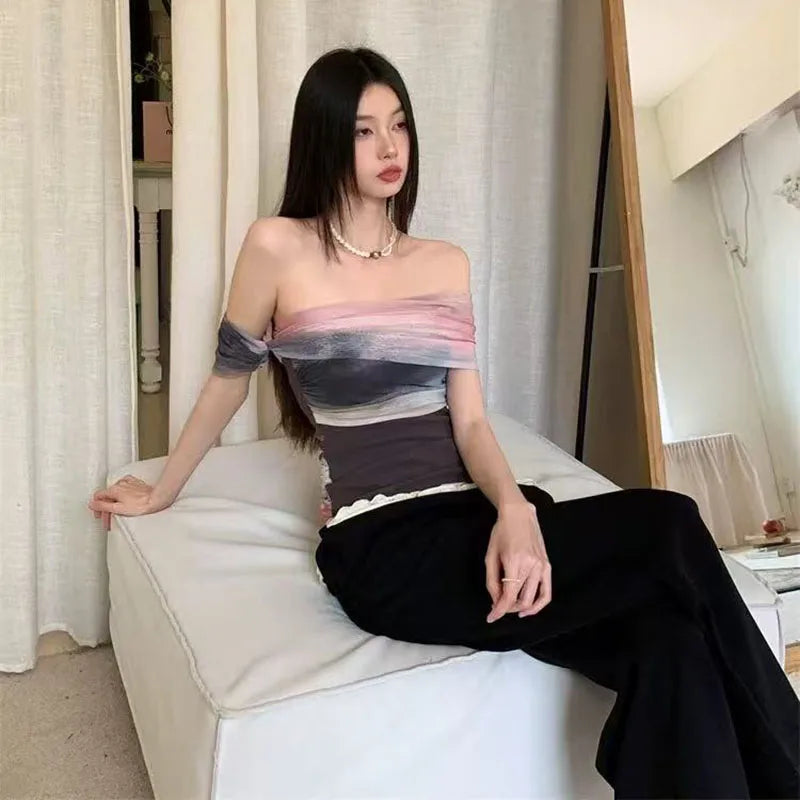Bold Tie Dye Mesh Crop Top With Slash Neck And Patchwork