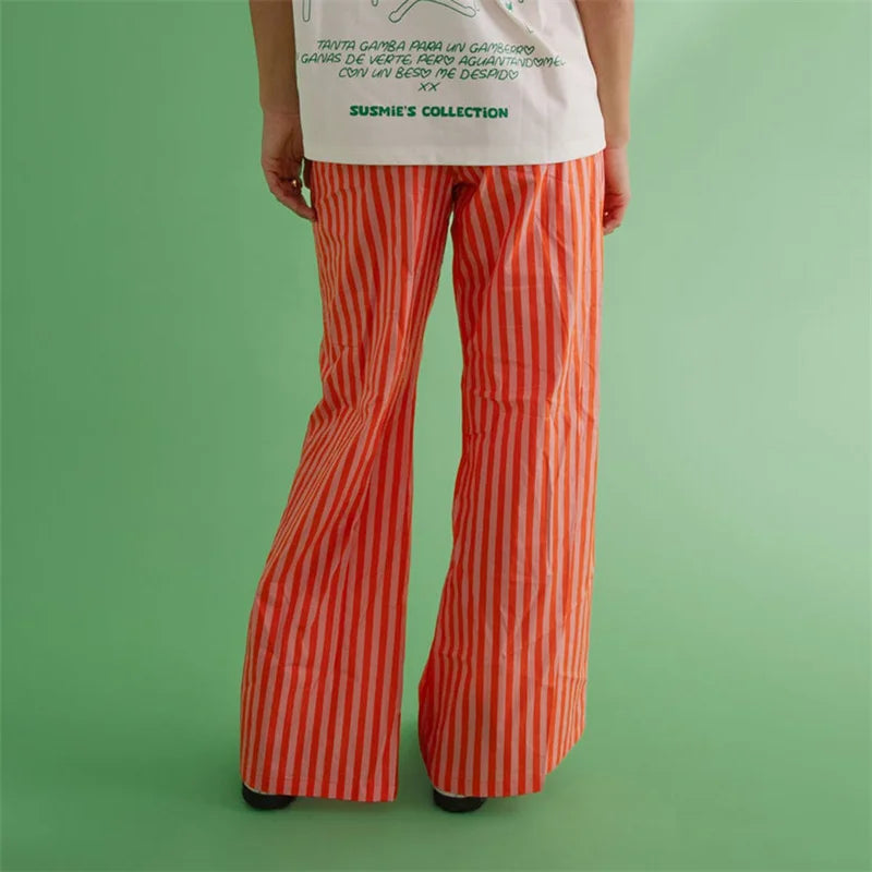 Striped Wide Leg Drawstring Pants With Pockets Elastic Waist Flared Baggy