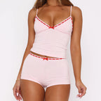 Cozy Two-piece Sleepwear Set With Bow Detail V Neck Cami Top And Soft Polyester Shorts For Lounging