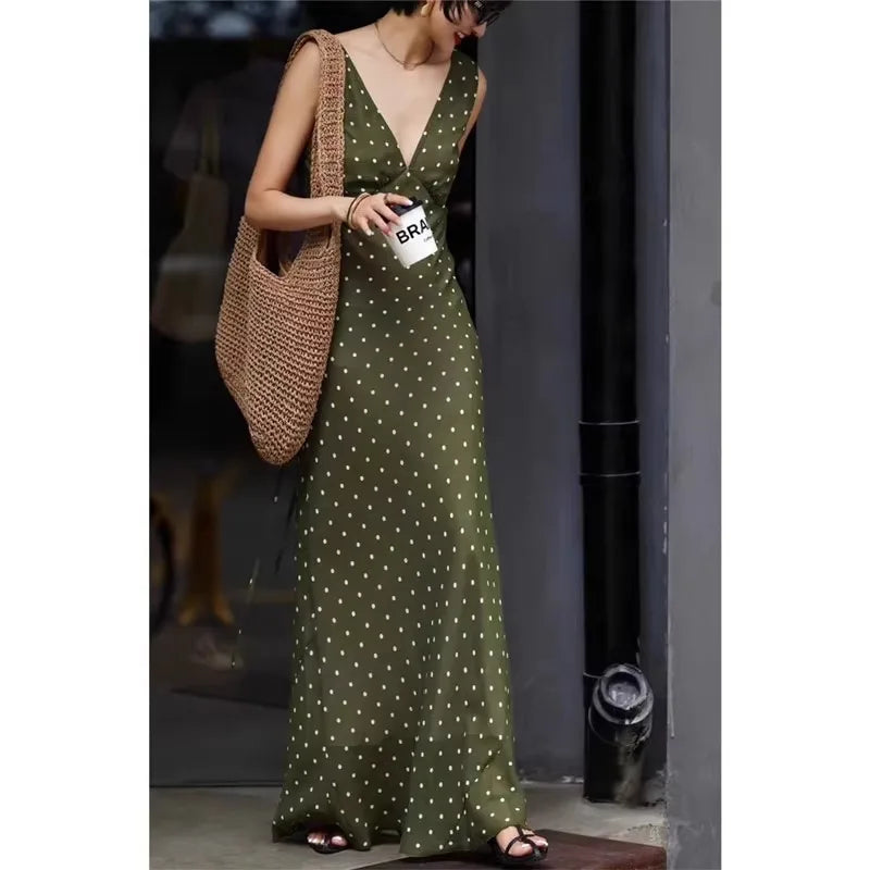Polka Dot Chiffon V Neck Dress For Women