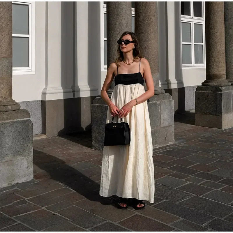 Contrast Splicing Loose Sling Long Women Square Collar Sleeveless Backless High Waist Dress