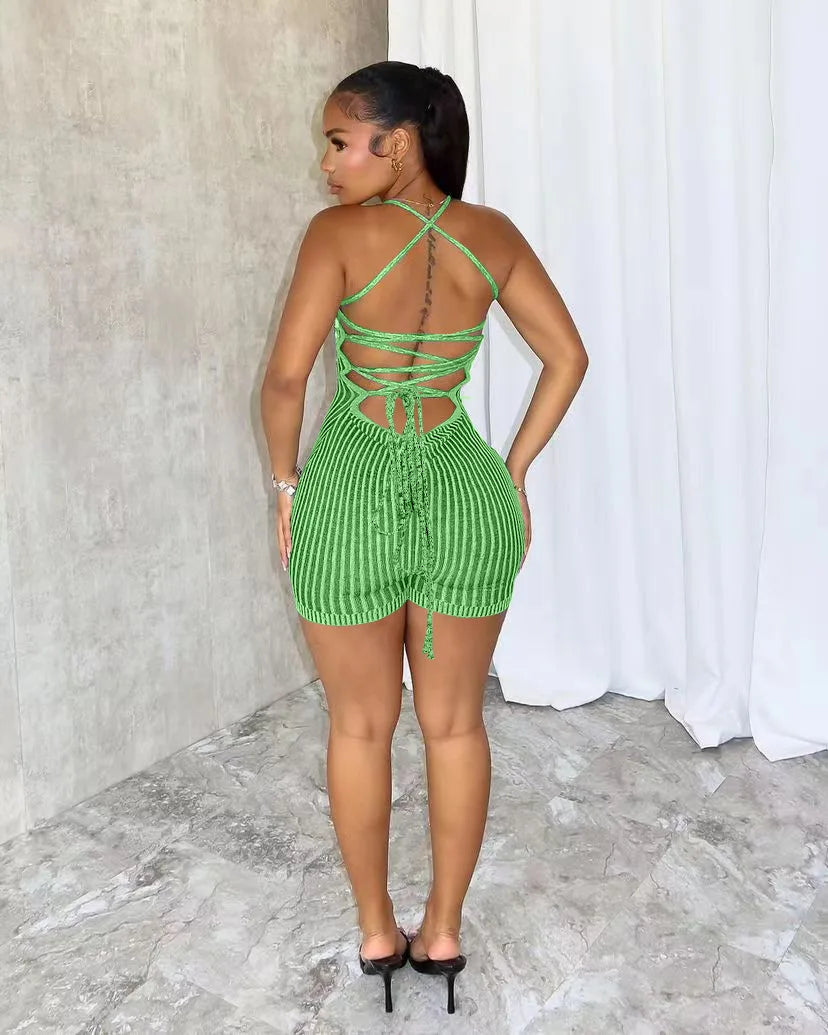 Backless Striped Knit Romper With Bandage Flattering Fit