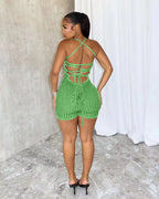 Backless Striped Knit Romper With Bandage Flattering Fit