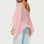 Crochet Cover Up With Tassel Hem Loose Fit Hollow Out See Through Off Shoulder Knit Top