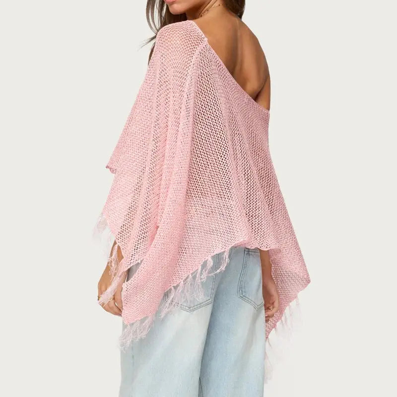 Crochet Cover Up With Tassel Hem Loose Fit Hollow Out See Through Off Shoulder Knit Top