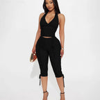 V Neck Halter Crop Top Two Piece Set With Sleek Fitted Pants