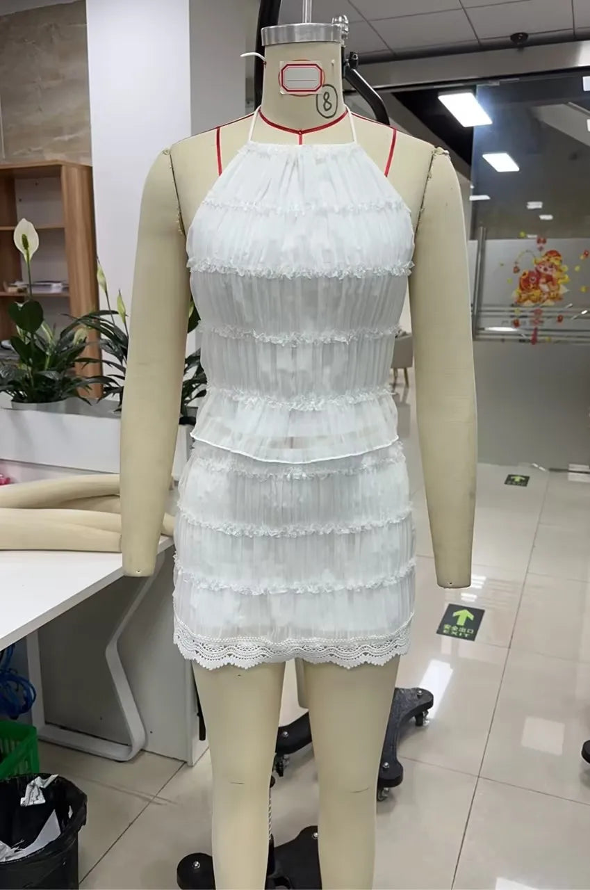 Two Piece Smocked Halter Crop Set With Floral Lace Hem Pencil Skirt