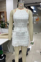 Two Piece Smocked Halter Crop Set With Floral Lace Hem Pencil Skirt