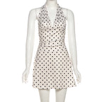 Polka Dot Halter Mini Dress With Ruched Backless Detail