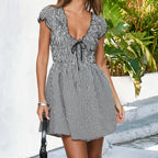 Plaid Bow Mini Dress With V Neck And Short Sleeves