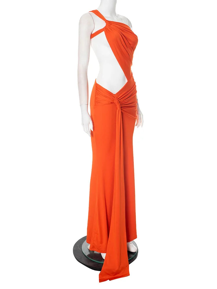 One Shoulder Backless Hollow Dress With Irregular Pleats And Tassel Patchwork