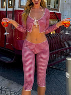 Chic Plaid Two Piece Set With Cropped Tie Front Top And Three Quarter Sleeve Capris