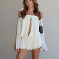 Off Shoulder Chiffon Romper Women Long Bell Sleeve Keyhole Front Lace Trim Ruffle Hem Shorts Jumpsuit