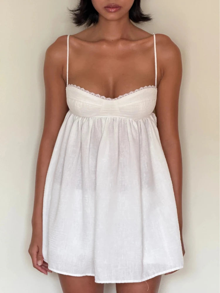 Women White Lace Trim Spaghetti Strap Babydoll Mini Dress