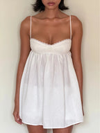 Women White Lace Trim Spaghetti Strap Babydoll Mini Dress