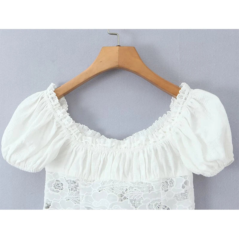 Romantic Lace Patchwork Off Shoulder Puff Sleeve Crop Top
