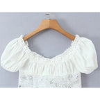 Romantic Lace Patchwork Off Shoulder Puff Sleeve Crop Top