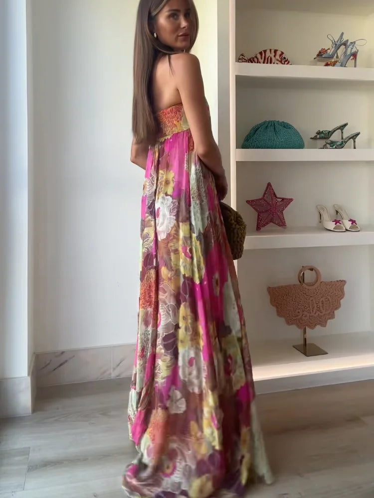 Printed Strapless Maxi Dress Elegant Off Shoulder Backless Gown High Waist