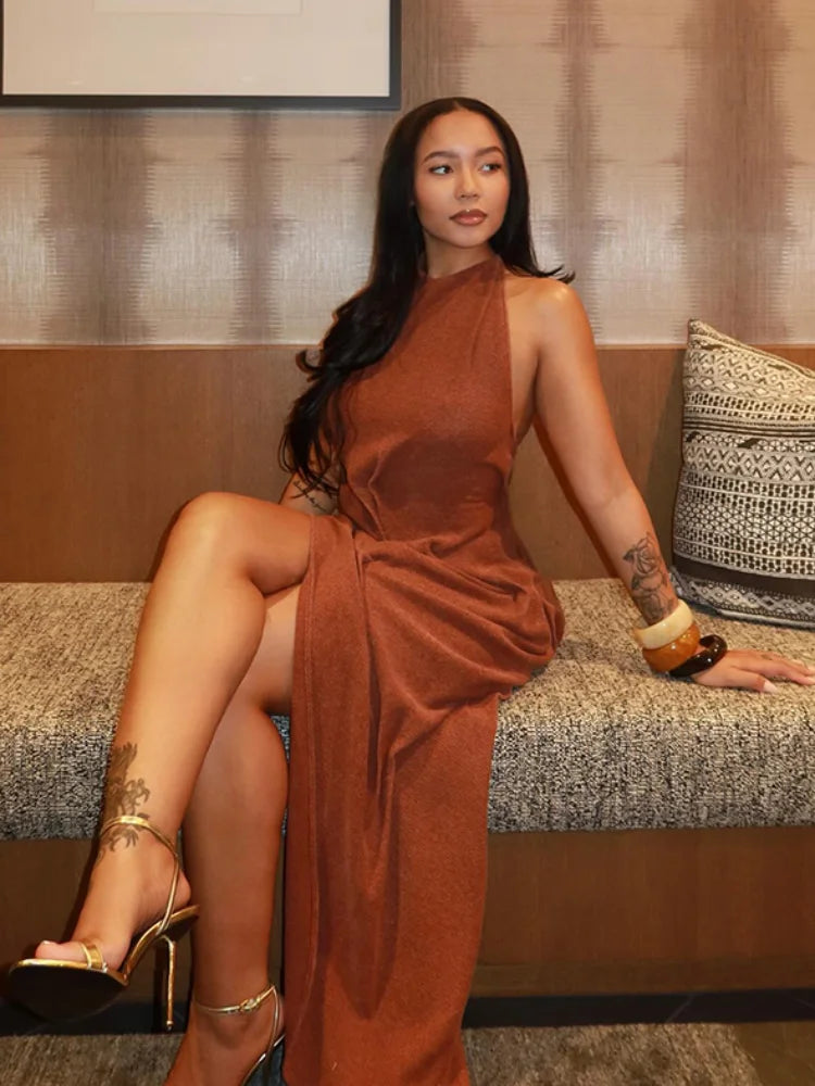 Chic Backless Off Shoulder Pleated Knee Length Dress With Irregular Silhouette