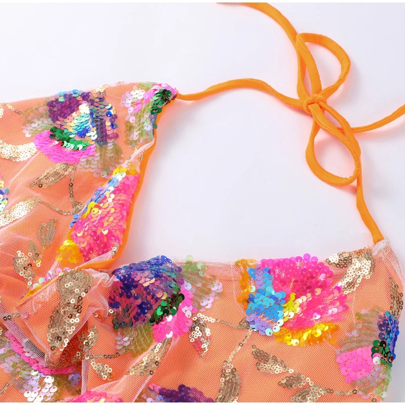 Beaded Sequin Two Piece Set Sleeveless Backless Crop Top And Mini Skirt Glam Outfit
