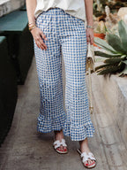 Fashion Women’s Y2k Plaid Wide Leg Pants Gingham Ruffled Hem Elastic Waistband Loose Casual Trousers