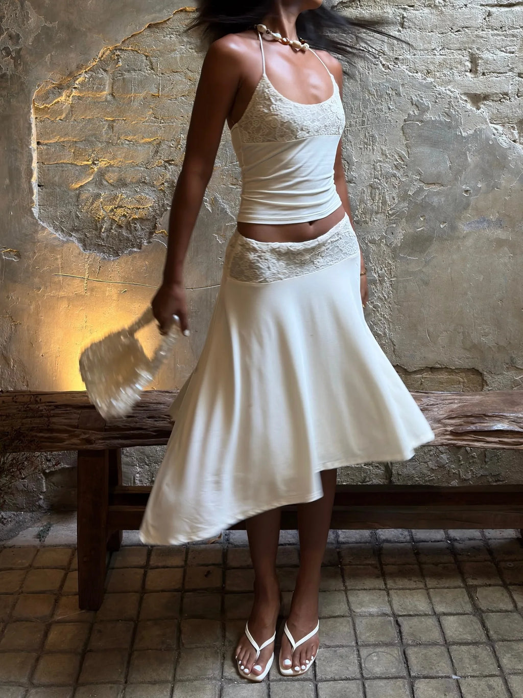 White Lace Patchwork Halter Set With Tank Top And A Line Skirt