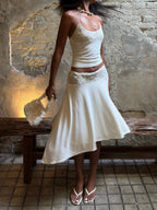 White Lace Patchwork Halter Set With Tank Top And A Line Skirt