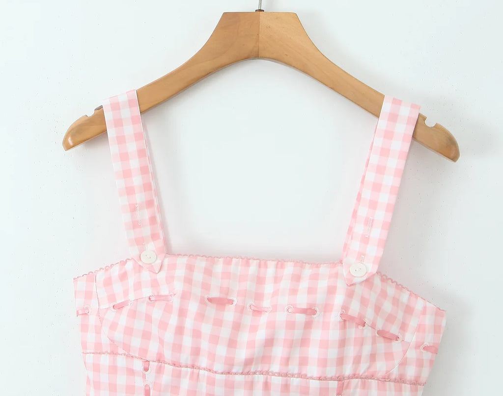 Pink Plaid Crop Top With Slash Collar