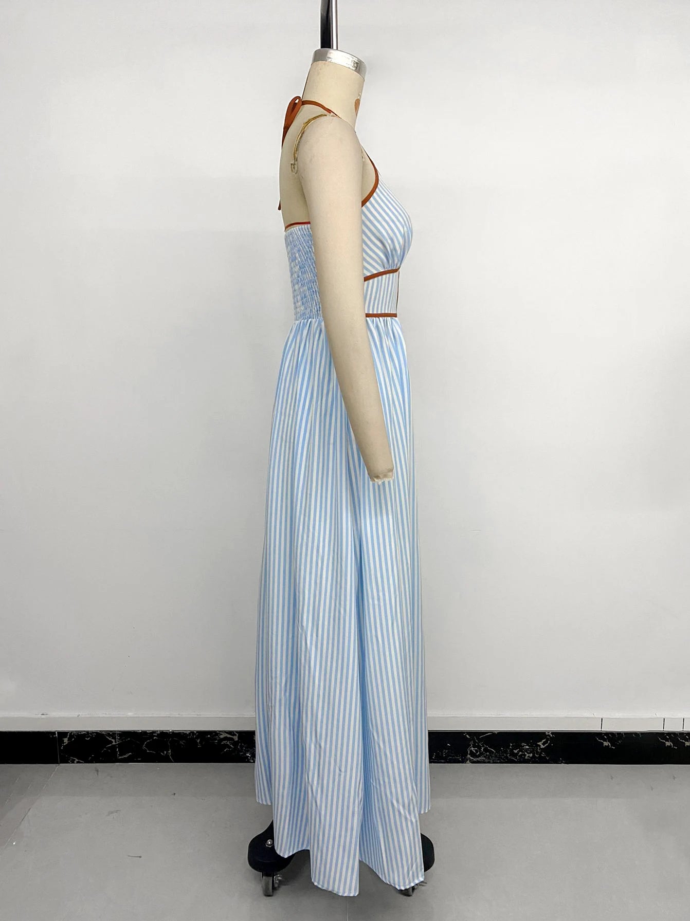 Sea Breeze Striped Deep V Beach Dress With Backless Sleeveless Maxi