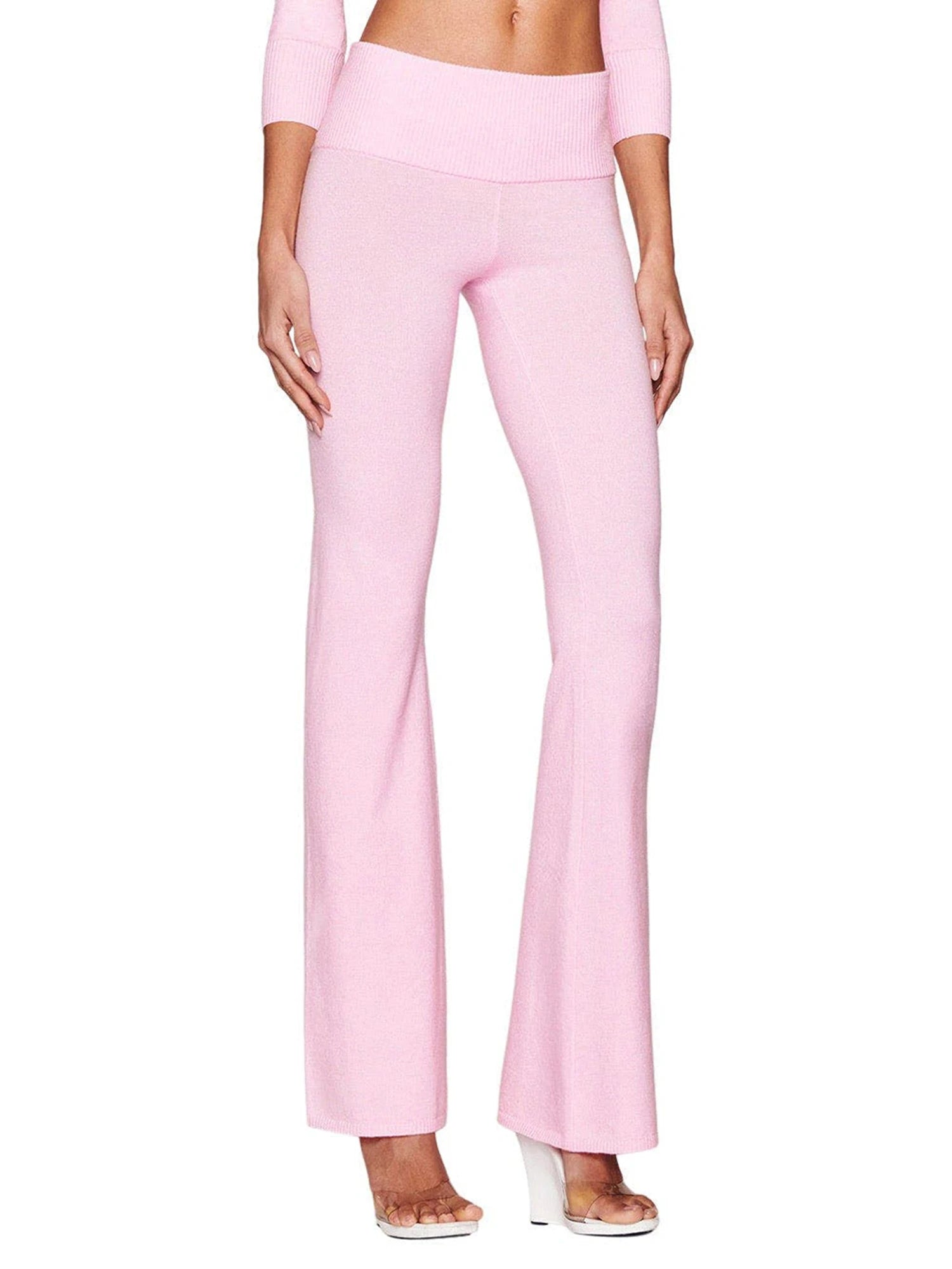 Boutique Knit Flared Pants With Elastic Waist And Back Bow Detail Slim Fit Trousers