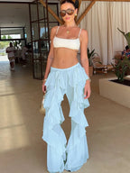 Irregular Tiered Flare Pants With Patchwork See Through