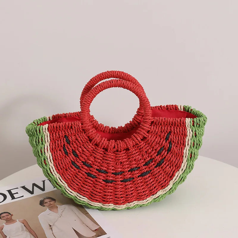 Handmade Watermelon Tangerine Straw Crossbody Bag For Women Boho Fruit Themed Shoulder Tote