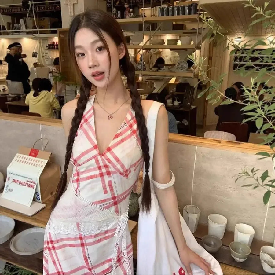 Red Plaid Sleeveless Dress With High Waist A Line Maxi French Style Inspired