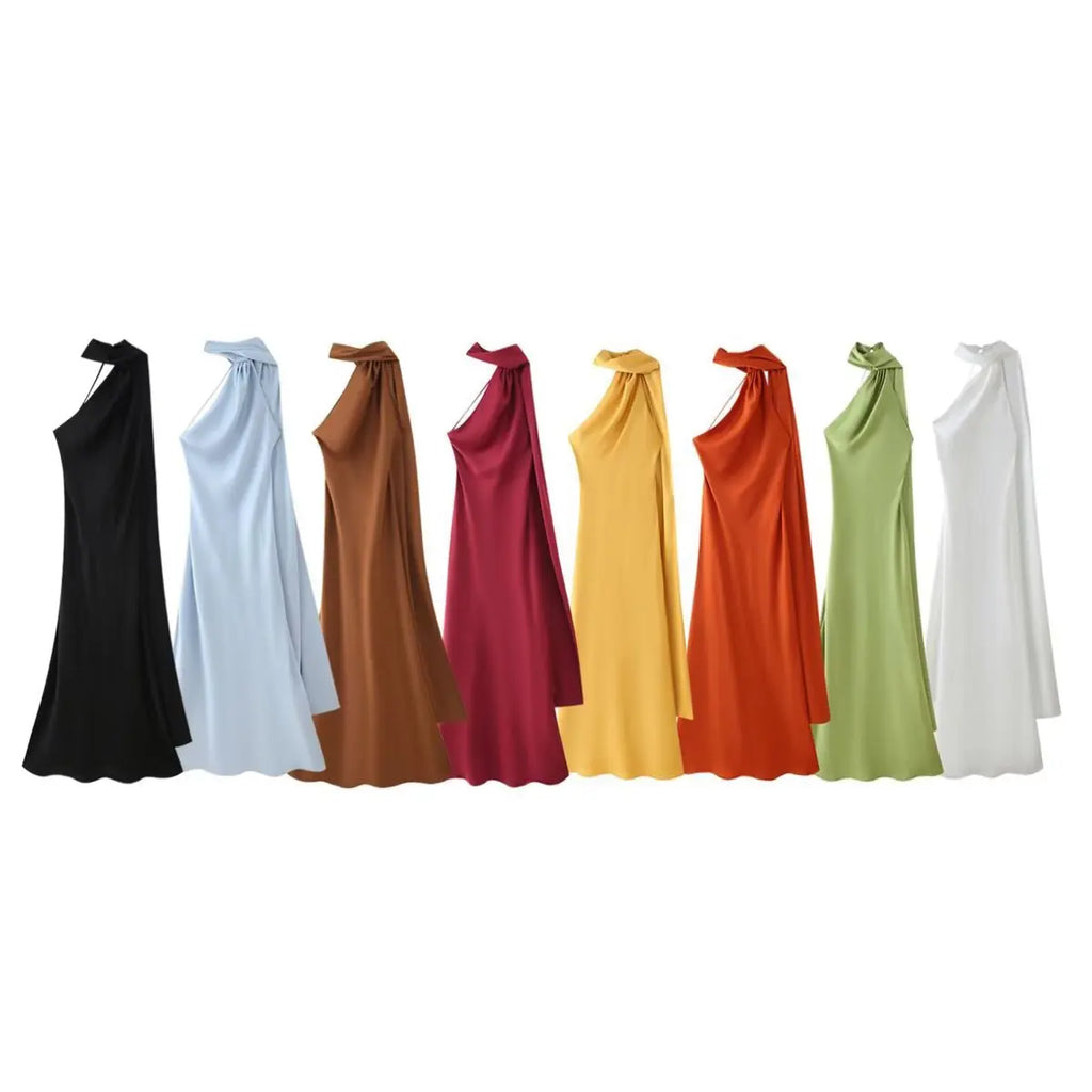 Elegant Silk Satin Halter Maxi Dress Backless Ribbon Tie Evening Gown
