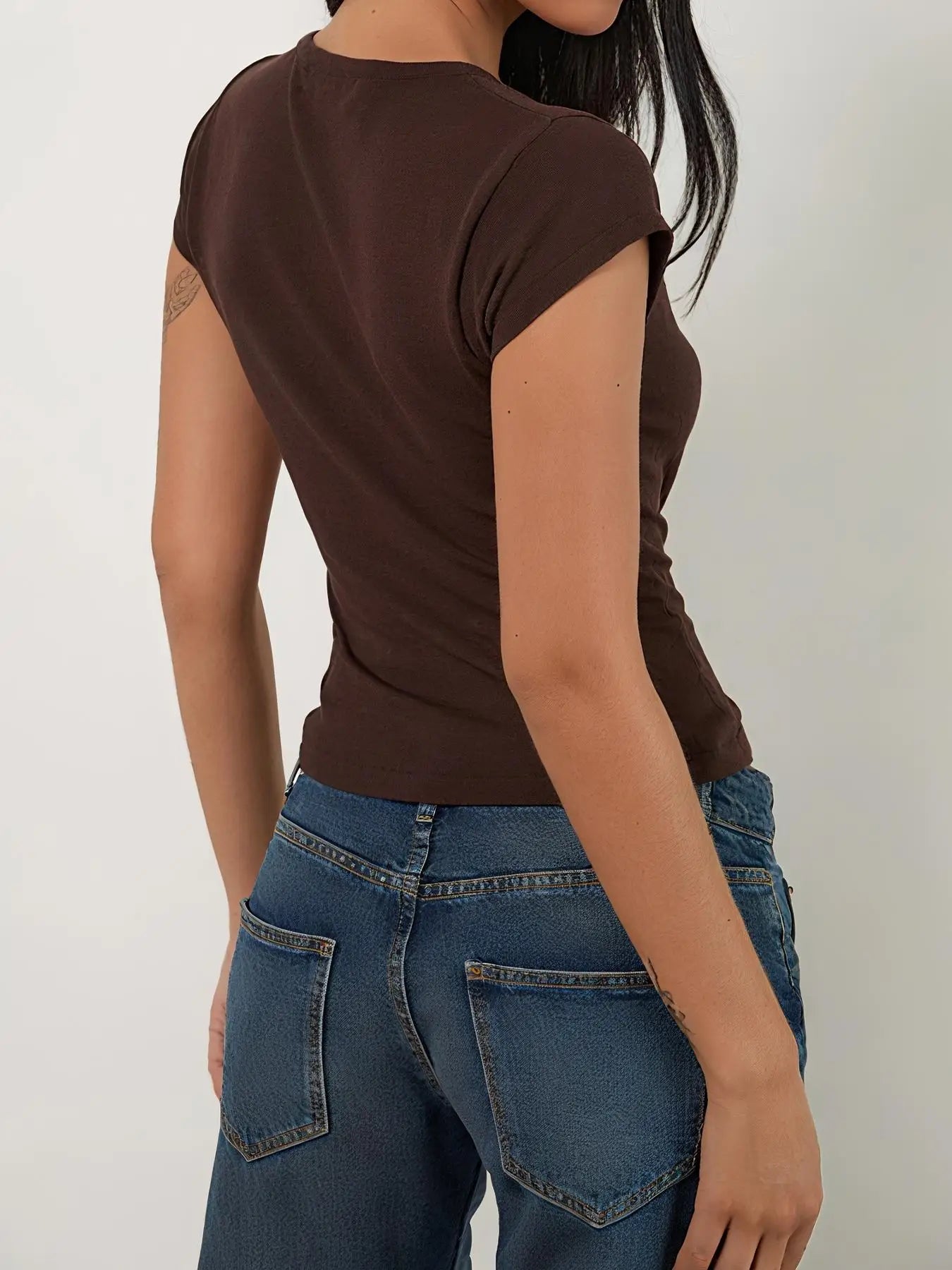 Solid Color Button Front Short Sleeve Tee With Round Neck