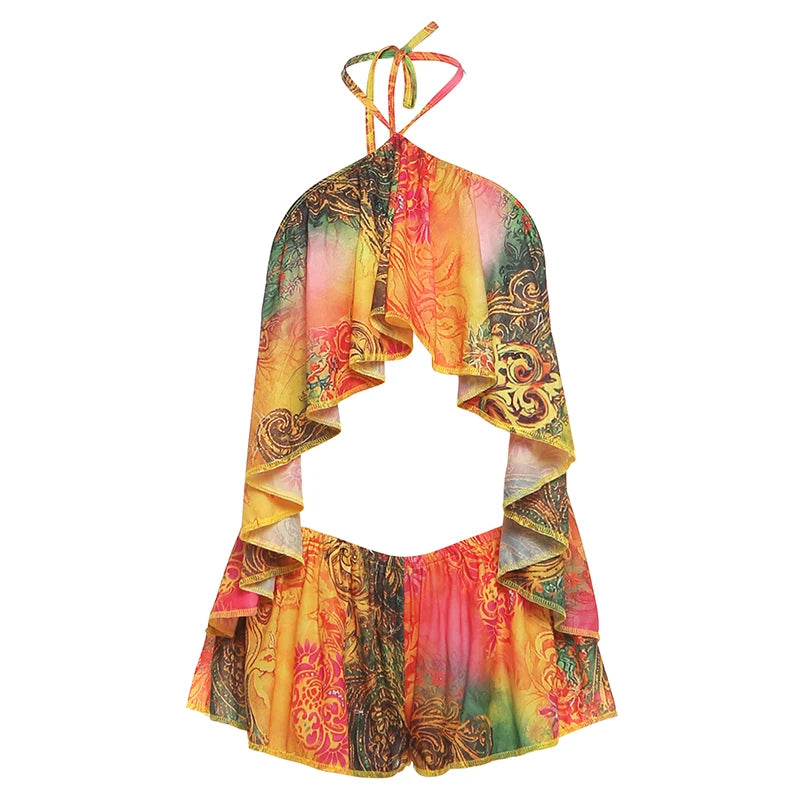 Vivid Beach Two Piece Set With Backless Halter Camisole And Shorts