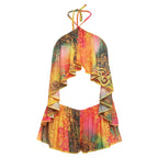 Vivid Beach Two Piece Set With Backless Halter Camisole And Shorts