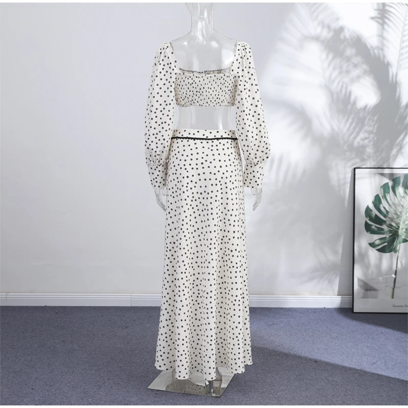 Polka Dot Square Collar Crop Top And High Waist Maxi Skirt Set Outfit