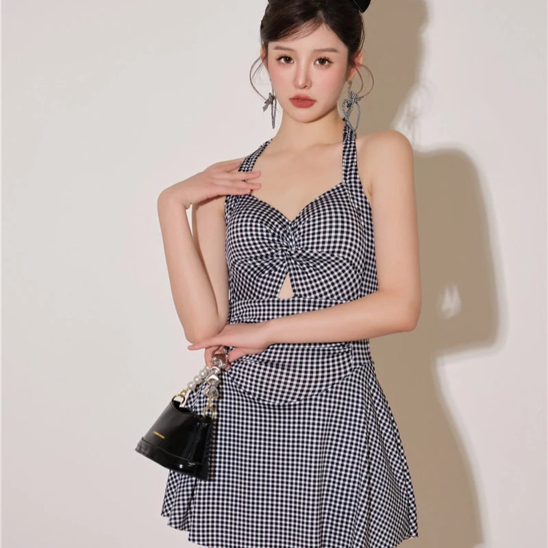 Plaid Backless Swim Dress With Halter Neck